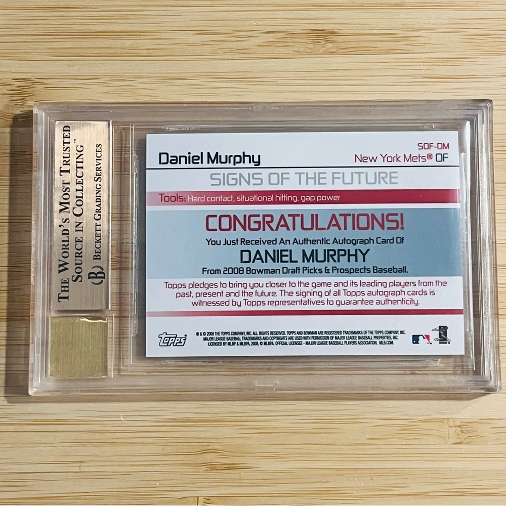 DANIEL MURPHY 2008 Bowman Draft Rookie RC Auto Autograph BGS 9.5/10 Gem Mint - Picture 3 of 3